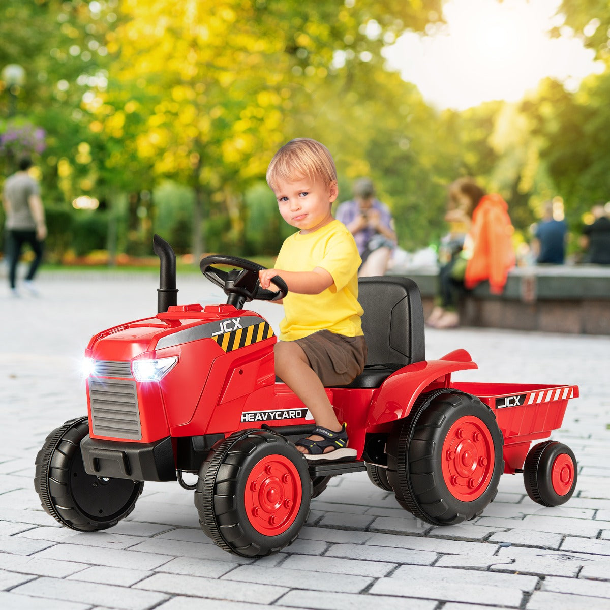 Tractor Elétrico 2 em 1 de Brincar de 12V para Crianças dos 3 aos 8 Anos com Reboque Controlo Remoto Ligação Sem Fios e Buzina Vermelho