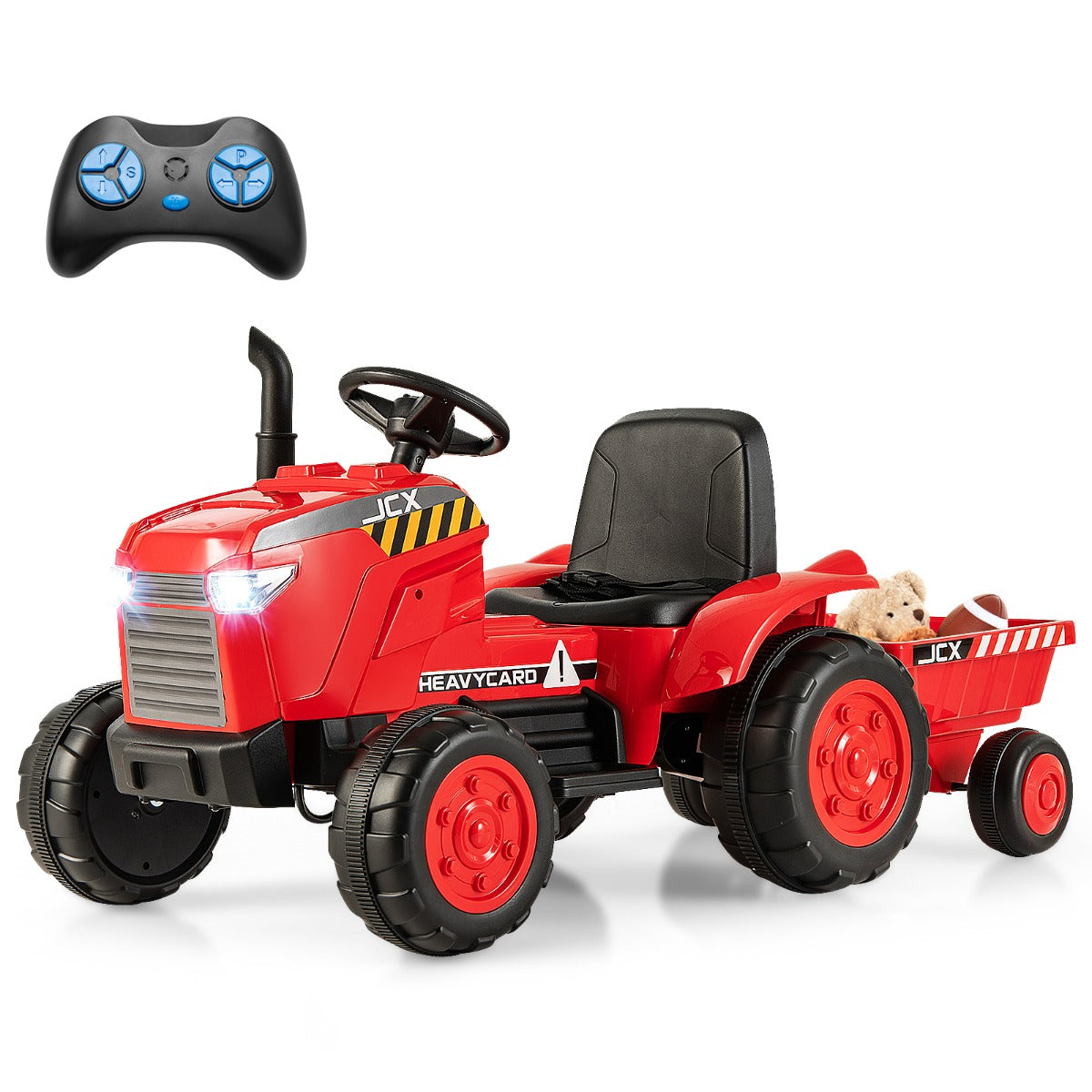 Tractor Elétrico 2 em 1 de Brincar de 12V para Crianças dos 3 aos 8 Anos com Reboque Controlo Remoto Ligação Sem Fios e Buzina Vermelho