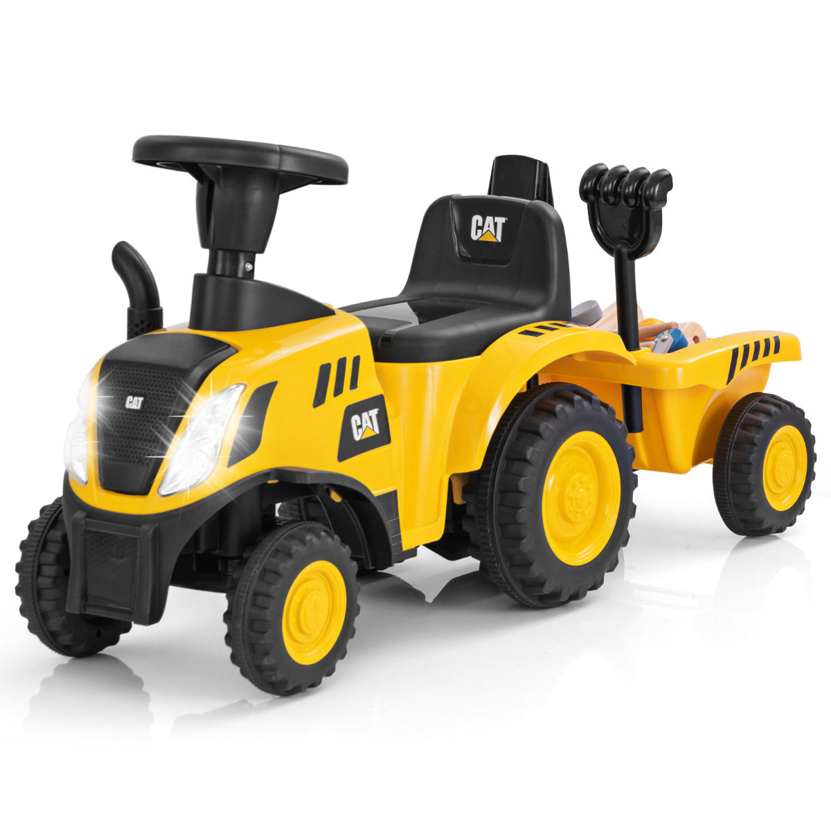 Trator Deslizante de Pé a Solo com Licença Caterpillar e Reboque Destacável Pá Rastelo Buzina Luzes LED para Crianças Amarelo