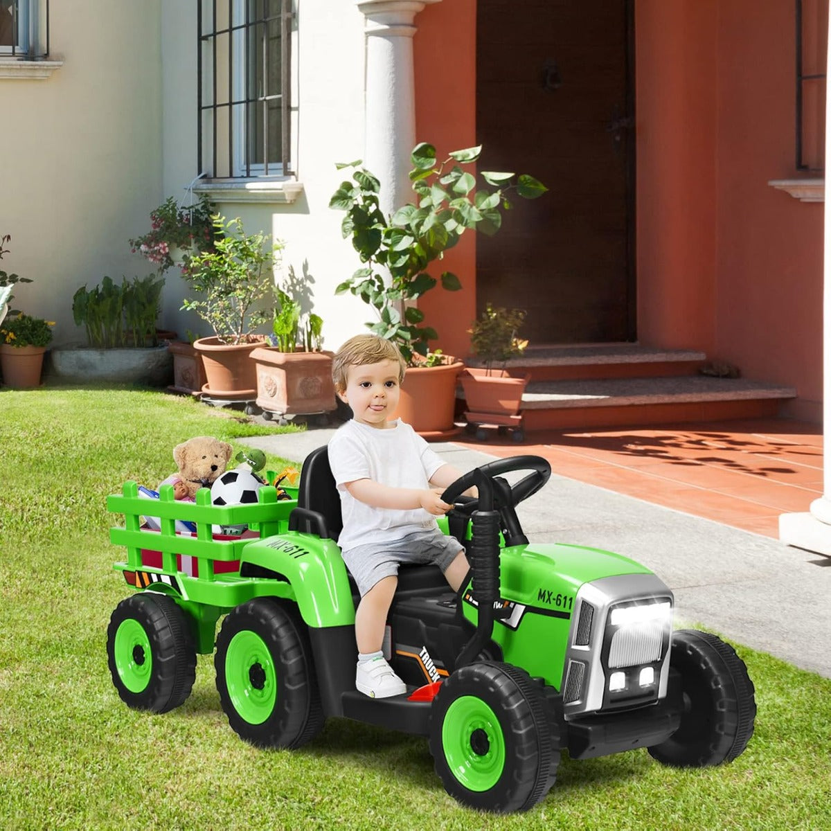 Trator Elétrico para Crianças 12V com Reboque Destacável e Controlo Remoto com 3 Velocidades/Luz/Música para 3+ Anos Capacidade 30kg Verde