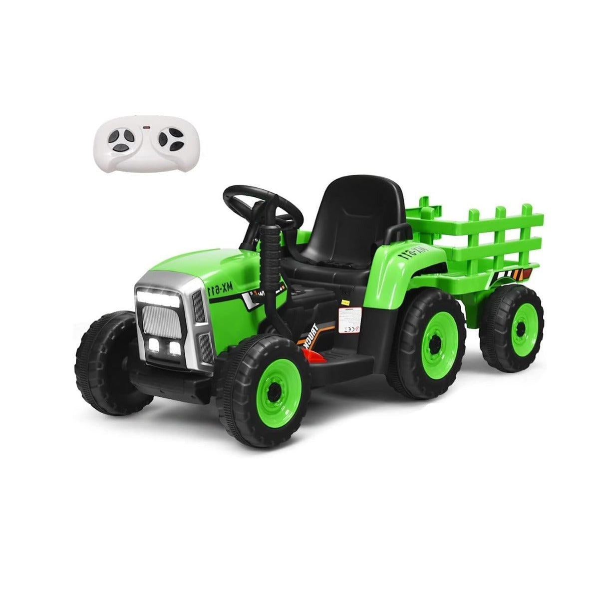 Trator Elétrico para Crianças 12V com Reboque Destacável e Controlo Remoto com 3 Velocidades/Luz/Música para 3+ Anos Capacidade 30kg Verde