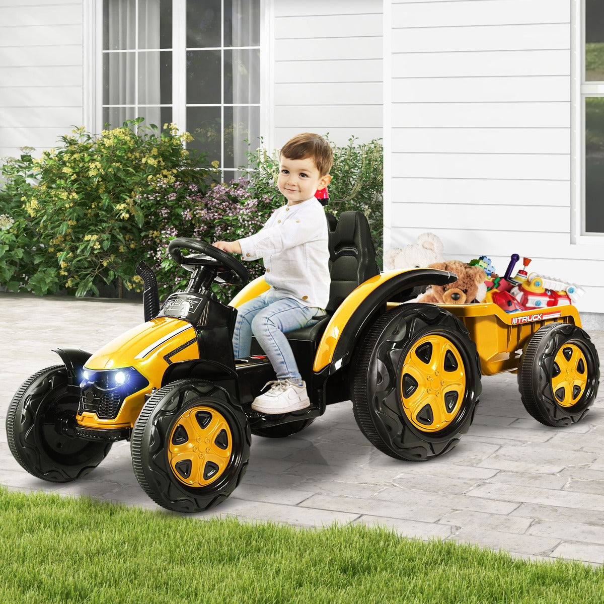 Trator de Brincar com Reboque para Crianças 3-8 Anos Inclui Comando 2,4 G 151 x 68 x 70 cm Amarelo
