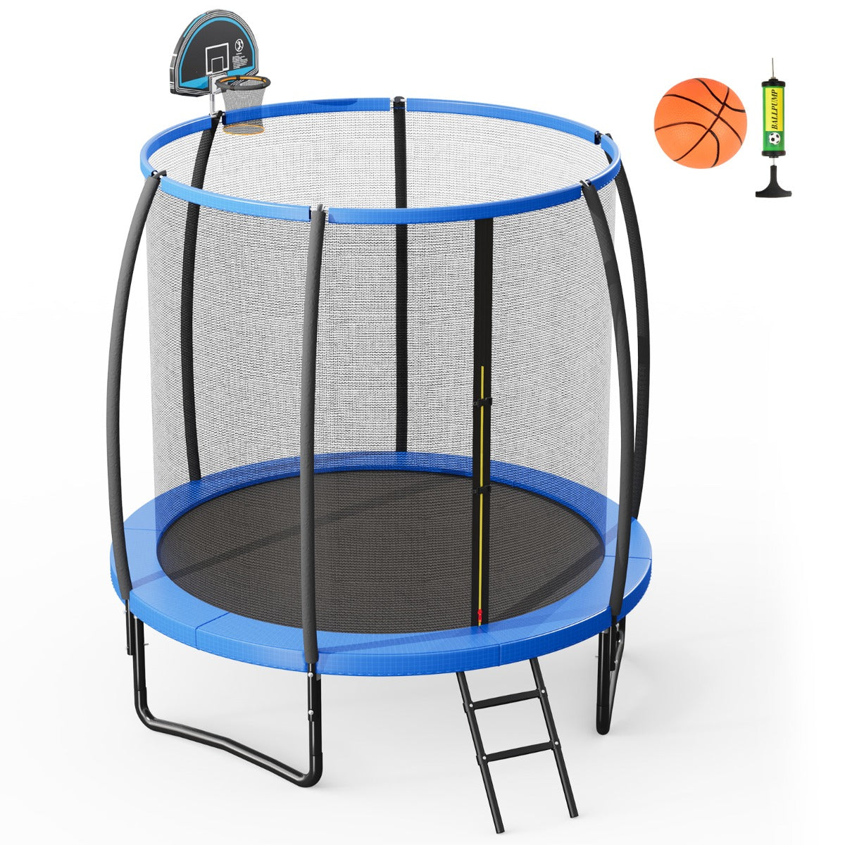 Trampolim de Exterior com Aro de Basquetebol, Rede de Segurança e Escada - Trampolim para Crianças e Adultos 2,5M Azul e Preto
