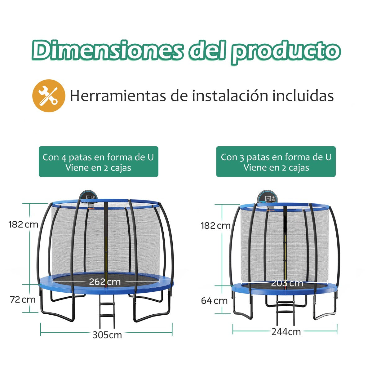 Trampolim Outdoor com Aro de Basquetebol, Rede de Segurança, Almofada e Escada - Azul e Preto 3M
