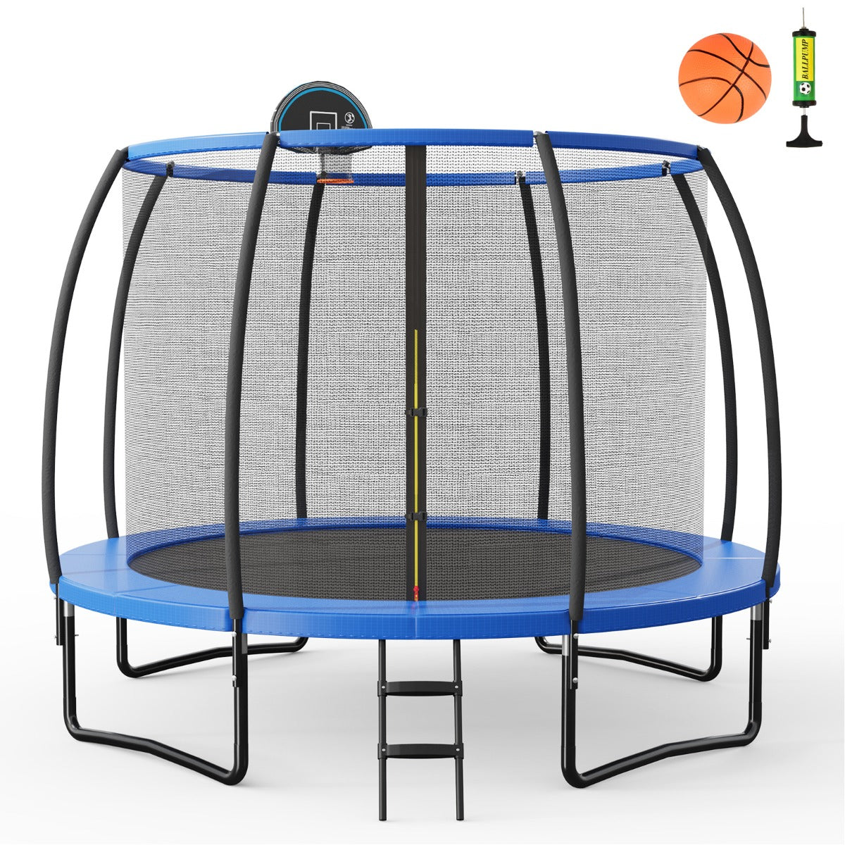 Trampolim Outdoor com Aro de Basquetebol, Rede de Segurança, Almofada e Escada - Azul e Preto 3M