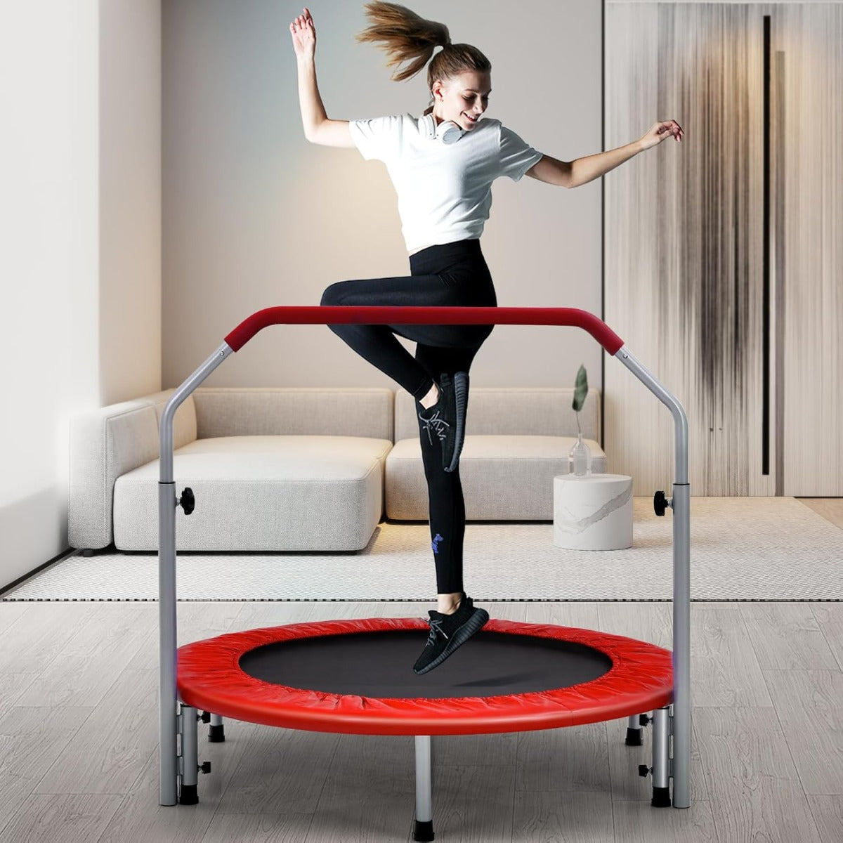 Mini Trampolim de Fitness Interior φ101cm com Pega Ajustável e Dobrável para Crianças Suporta 150kg