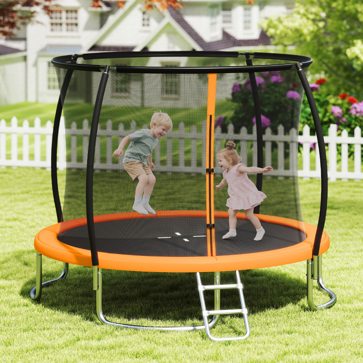 Trampolim de Exterior com Escada Trampolim de Jardim Redondo com Rede de Segurança Cobertura de Borda e Estrutura de Metal Ø305 cm Laranja