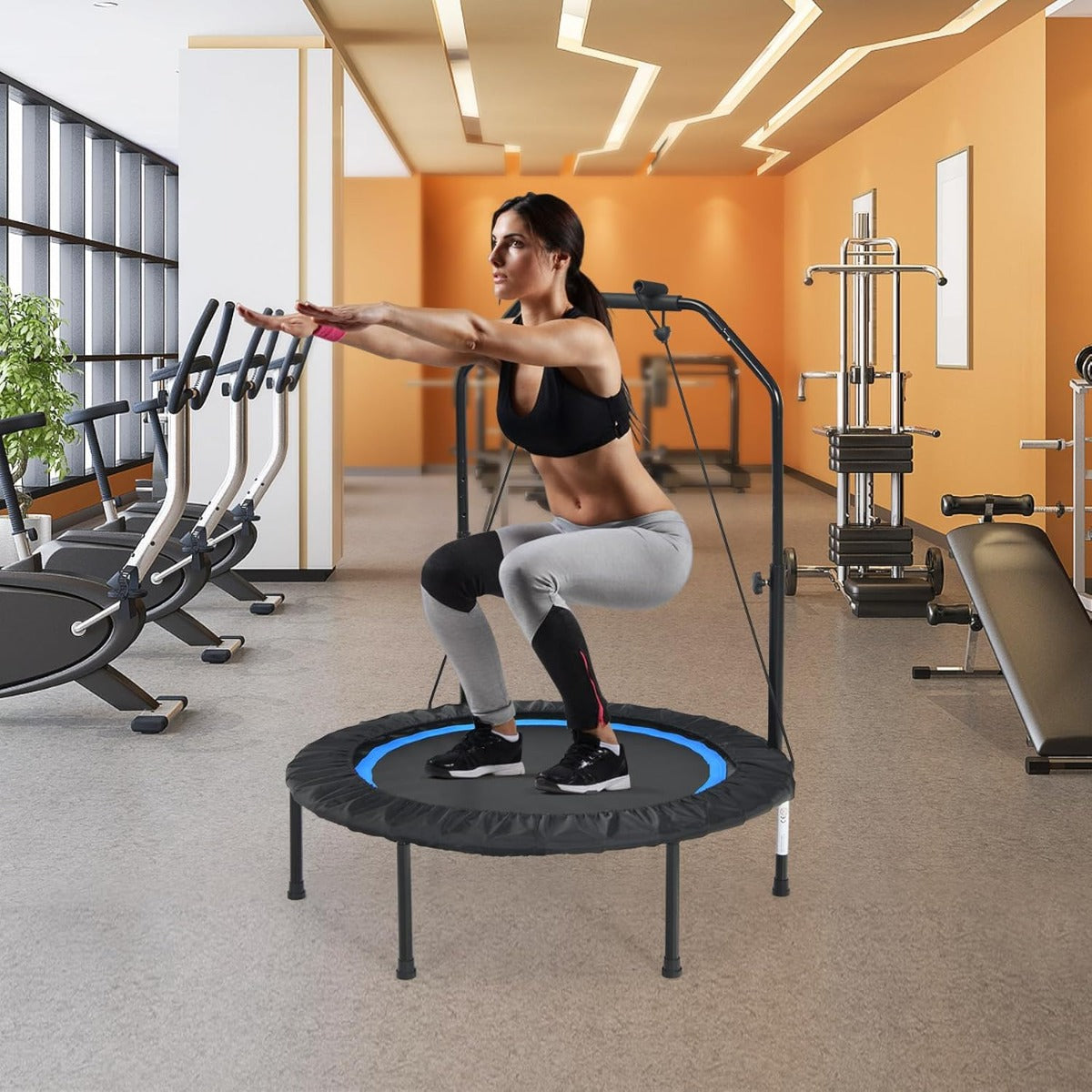 Trampolim Fitness Dobrável 150 KG com Barras de Agarre Ajustáveis e Capa de Segurança Acolchoada para Adultos e Crianças
