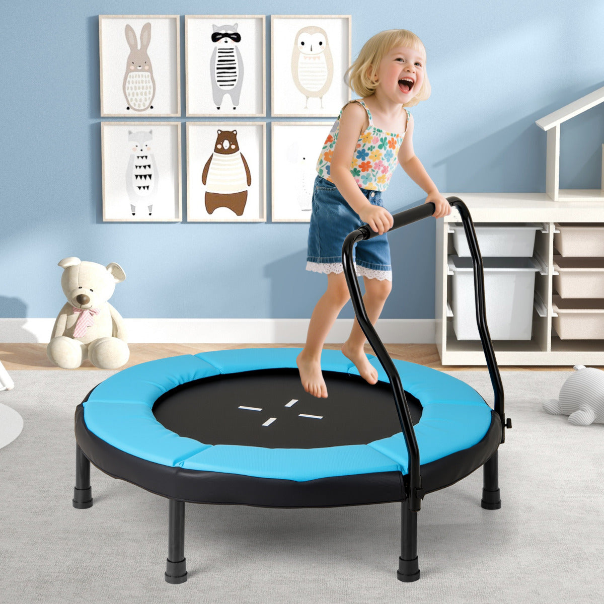 Trampolim Infantil de 102 cm com Manípulo de Espuma e Tapete de Segurança para Crianças Azul