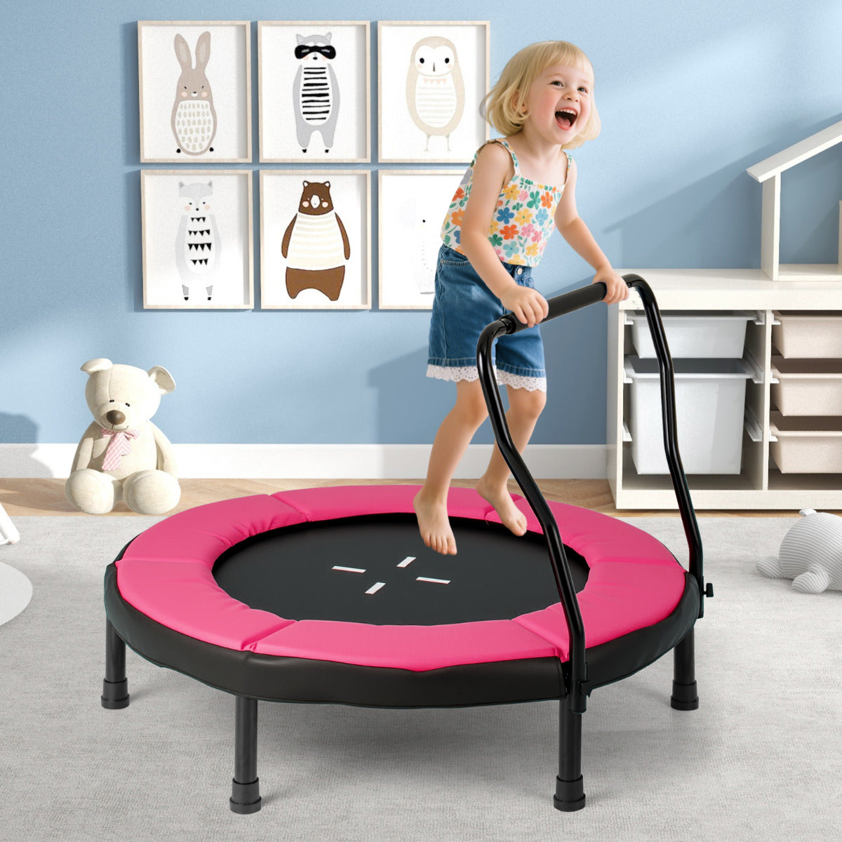 Trampolim Infantil de 102 cm com Manípulo de Espuma e Colchoneta de Segurança para Crianças Rosa