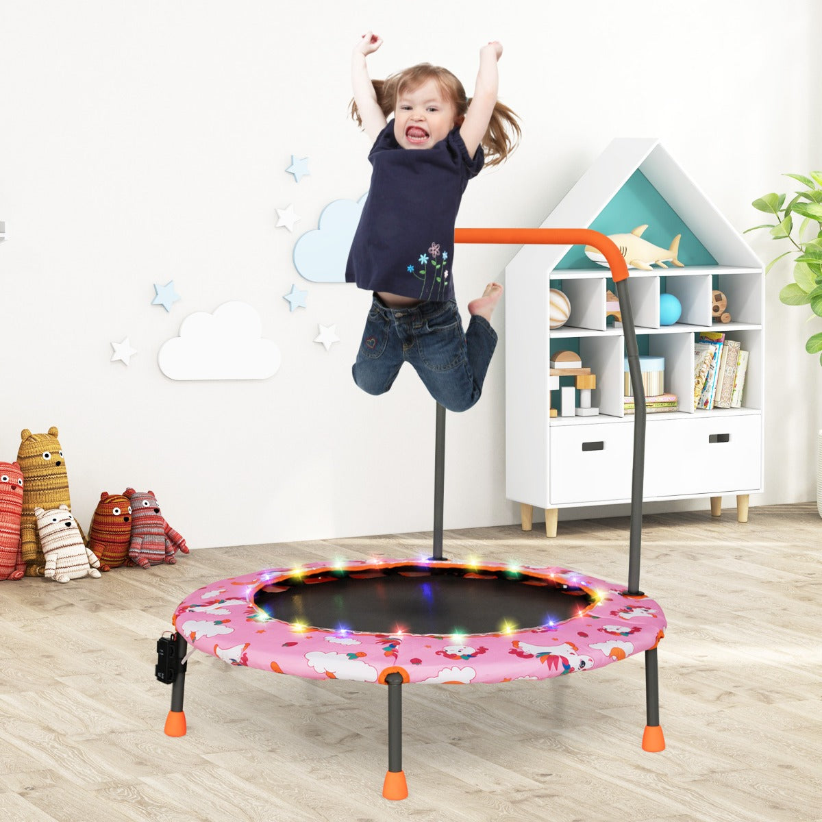 Trampolim para Crianças 92 cm Mini Cama Elástica com Luzes LED Pega de Segurança Tapete de Salto Redondo Capa 3-6 Anos Rosa