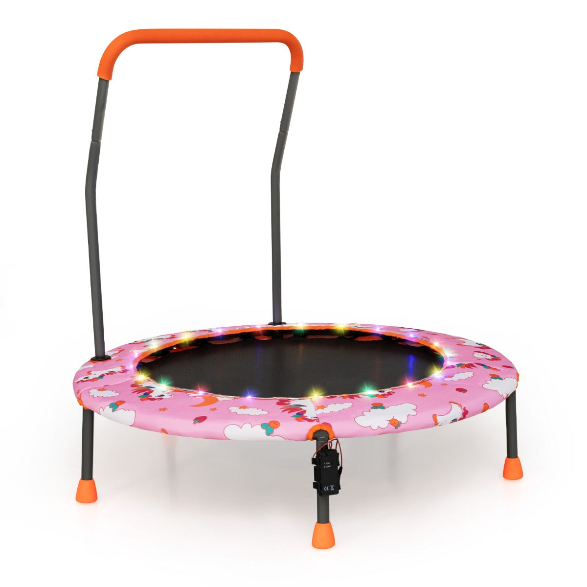Trampolim para Crianças 92 cm Mini Cama Elástica com Luzes LED Pega de Segurança Tapete de Salto Redondo Capa 3-6 Anos Rosa
