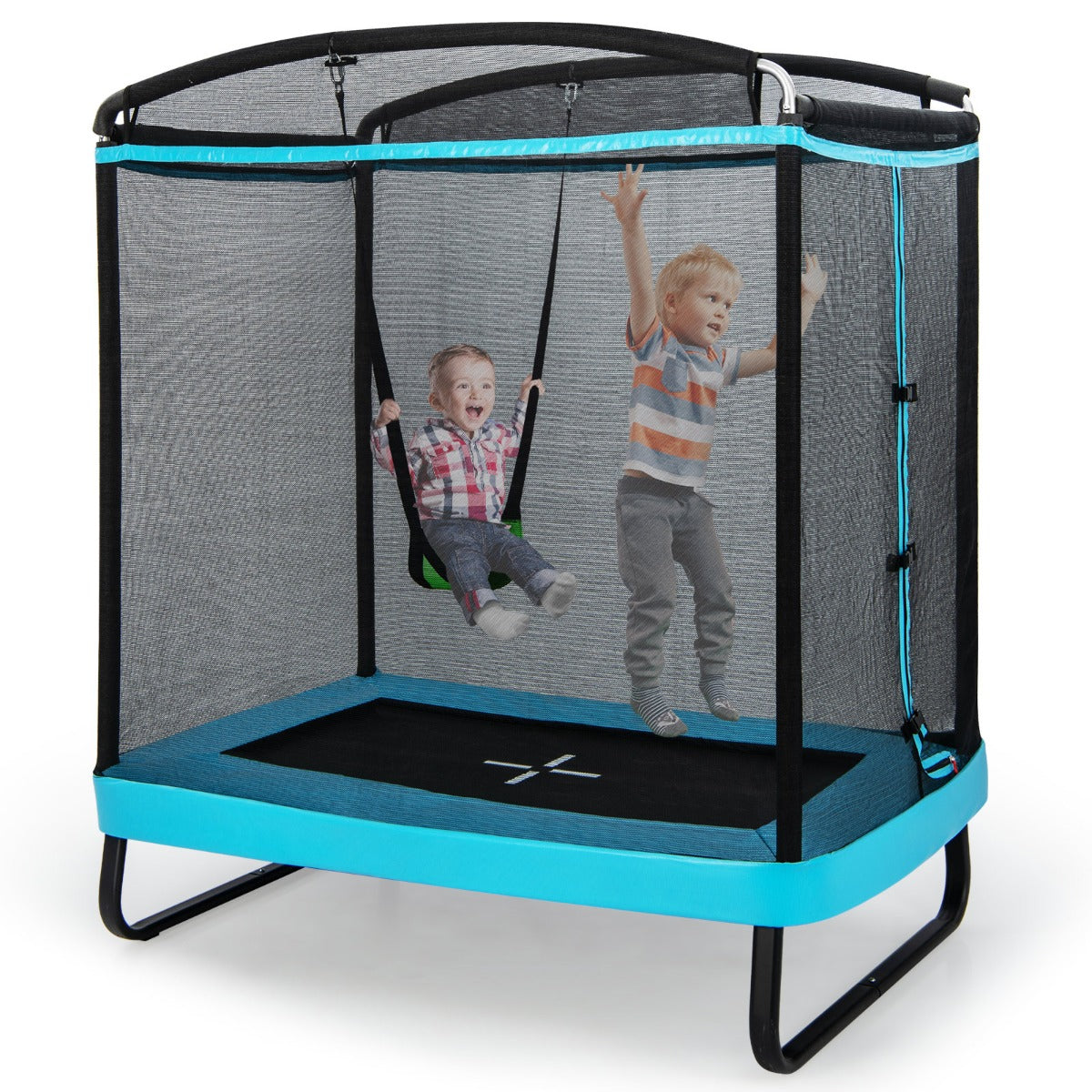 Trampolim Recreativo com Baloiço Rede de Segurança Cama Elástica de Entretenimento para Crianças 190 x 122 x 210 cm - Azul
