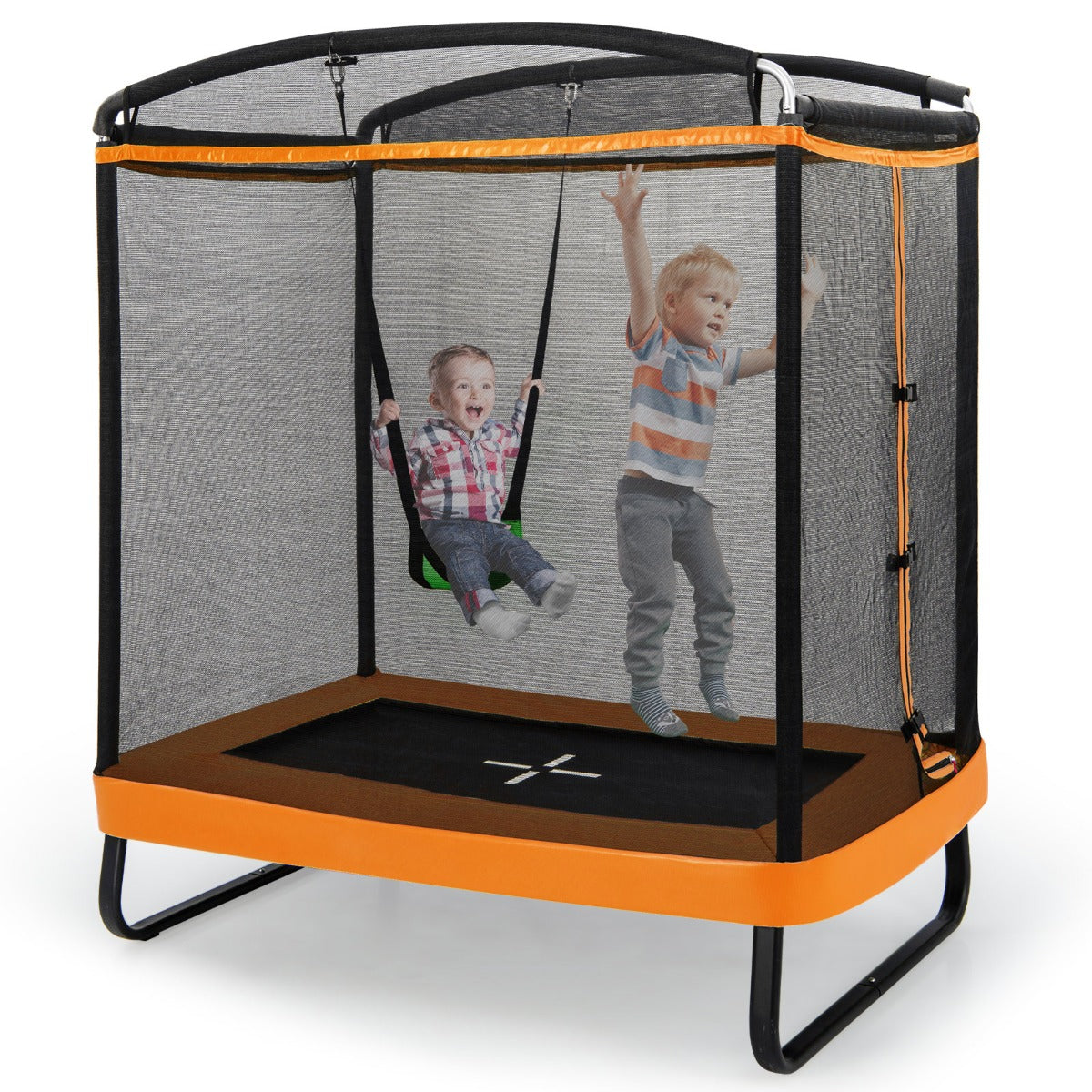 Trampolim Recreativo com Baloiço Rede de Segurança Cama Elástica de Entretenimento para Crianças 190 x 122 x 210 cm - Laranja