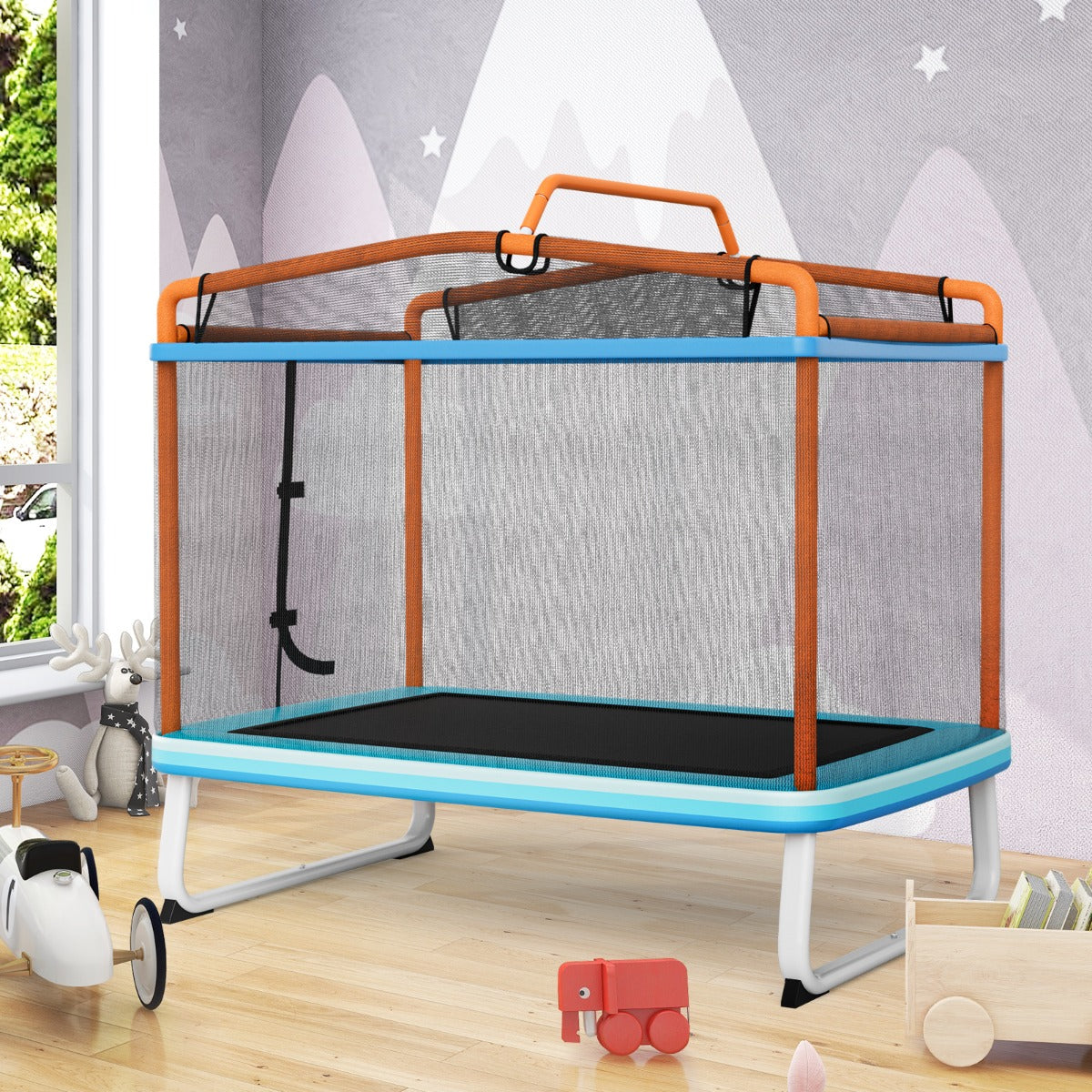 Trampolim Retangular para Crianças com Rede de Segurança e Baloiço Tampa de Molas e Design Seguro sem Costuras 190 x 124 x 172 cm-Laranja