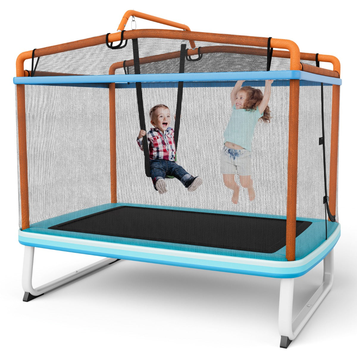 Trampolim Retangular para Crianças com Rede de Segurança e Baloiço Tampa de Molas e Design Seguro sem Costuras 190 x 124 x 172 cm-Laranja