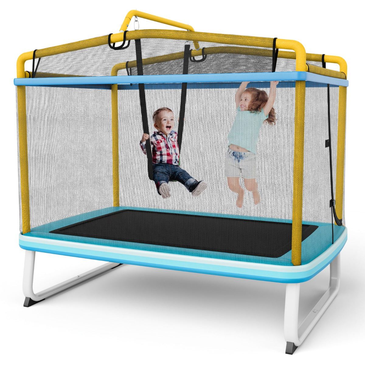Trampolim Retangular para Crianças com Rede de Segurança e Baloiço Tampa de Molas e Design Seguro sem Costuras 190 x 124 x 172 cm - Amarelo