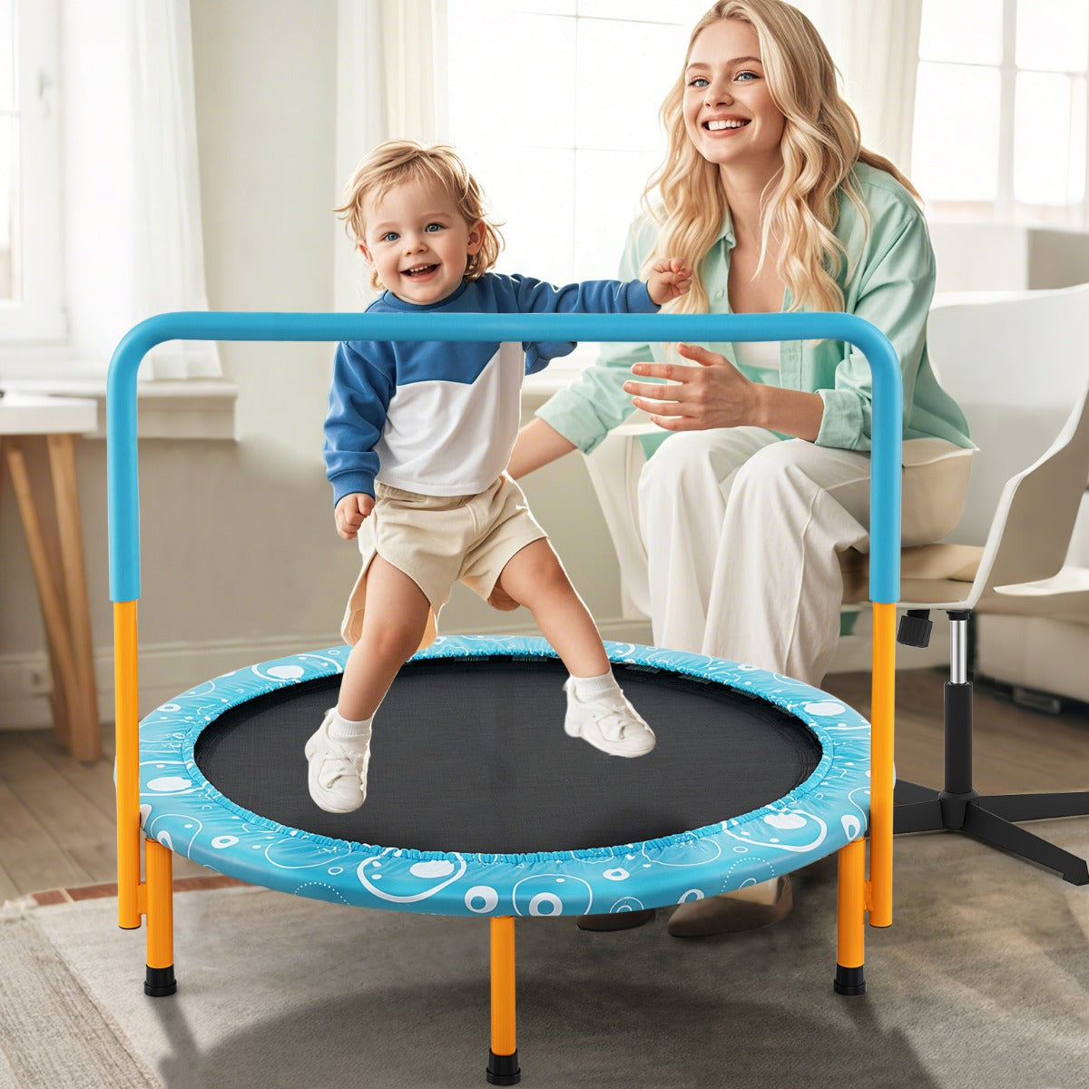Trampolim Dobrável para Crianças de 92 cm Cama Elástica de Ferro com Corrimão Removível Dispositivo de Salto Infantil dos 3 aos 8 Anos Azul