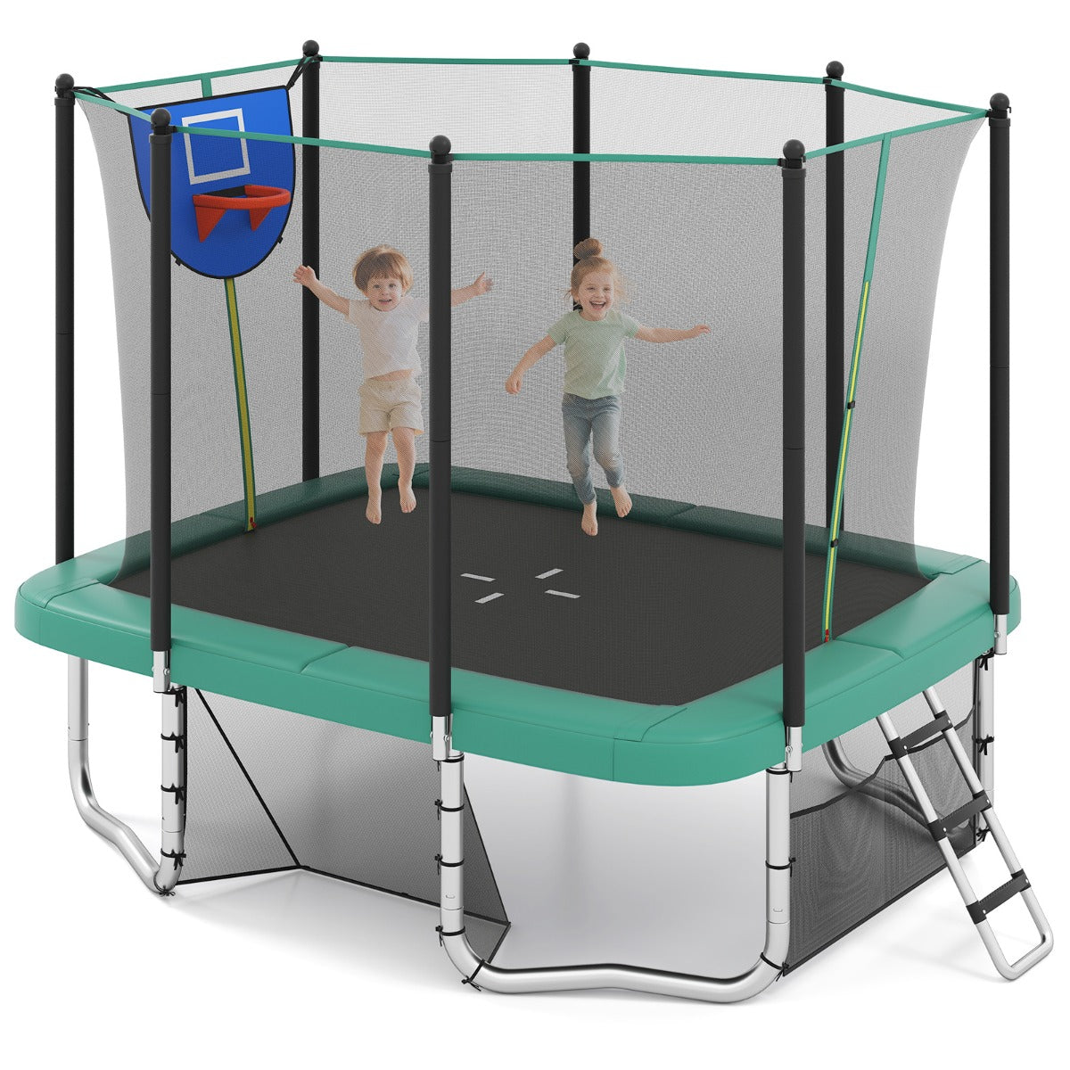 Trampolim Retangular com Aro de Basquetebol, Baliza de Futebol, Bolsa de Armazenamento e Escada 317 x 255 x 270 cm Verde
