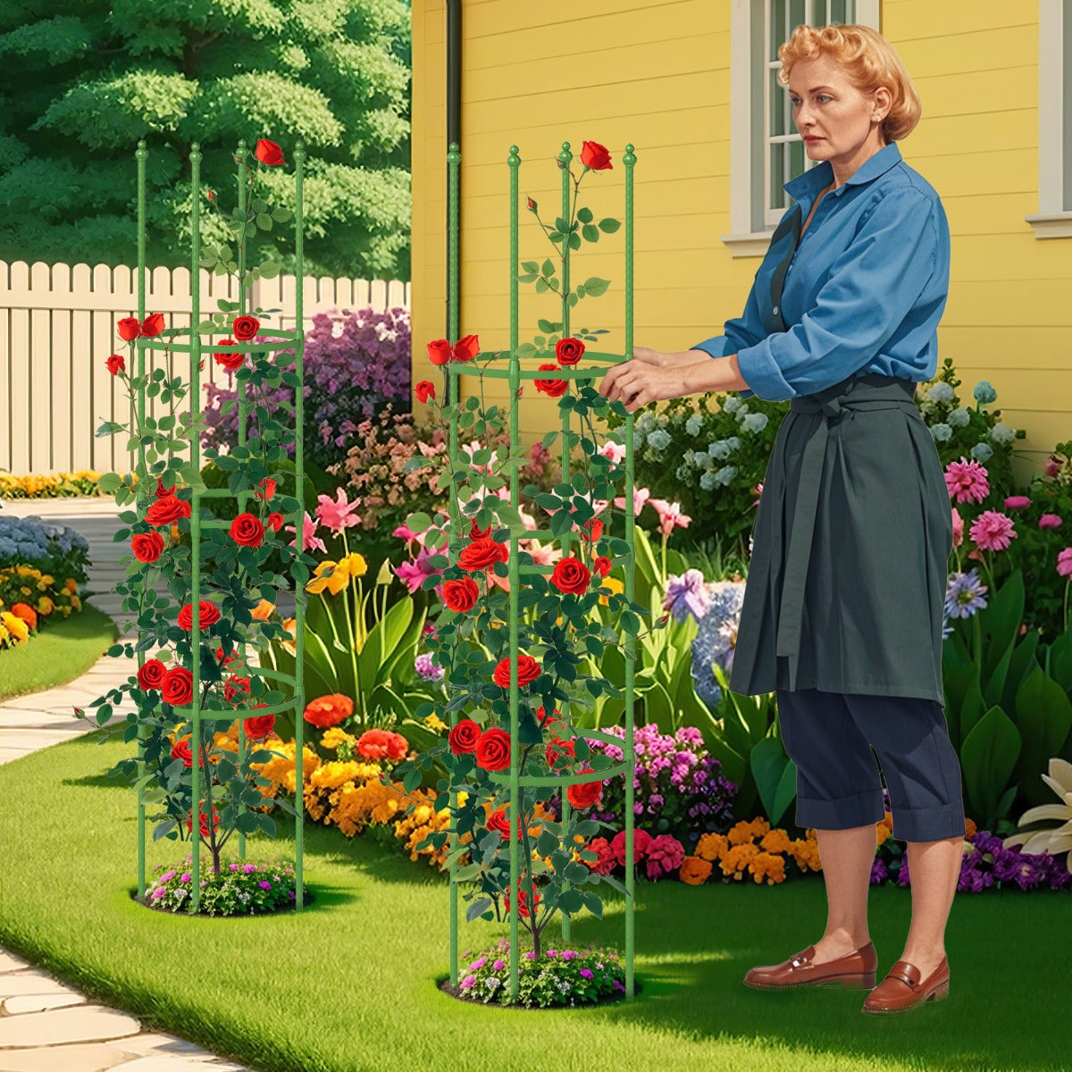 Conjunto de 2 Gaiolas para Tomates 145 cm de Altura Treliça para Vasos Suporte para Plantas Trepadeiras de Interior e Exterior