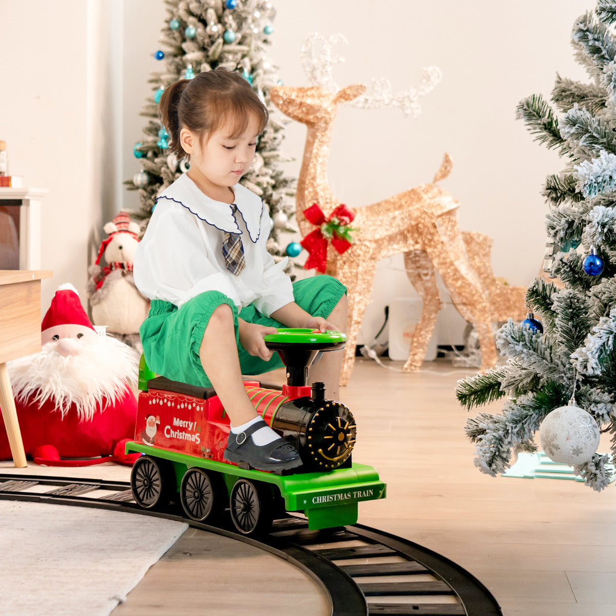 Tren Eléctrico Montável de 6V com 16 Peças de Via para Crianças com Luzes e Sons Pedais Retráteis para Crianças a partir dos 3 Anos Verde