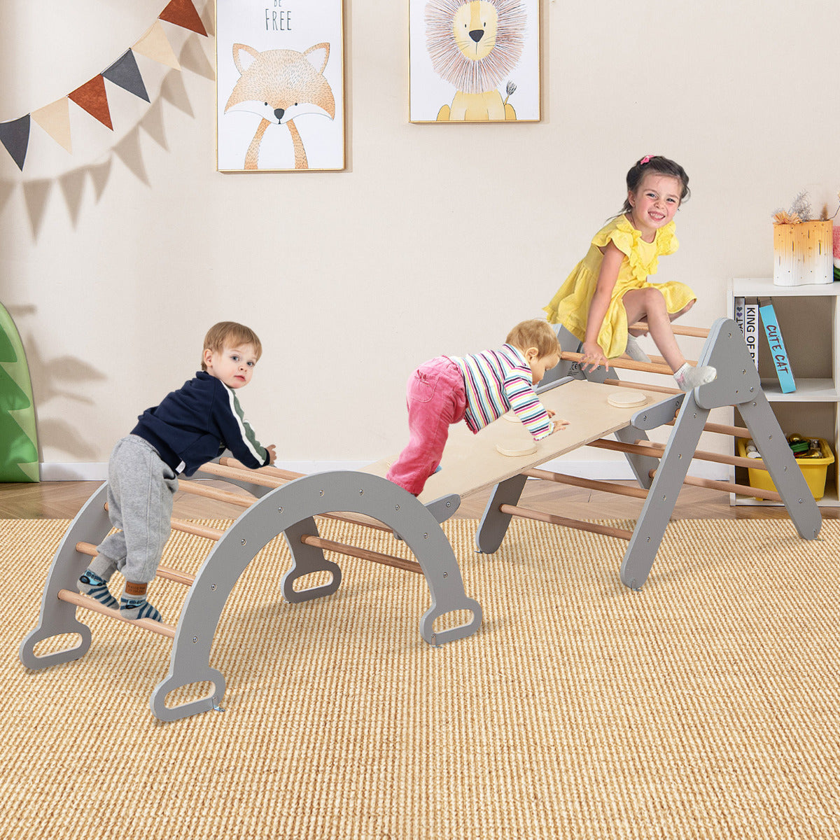 Conjunto de Escalada 3 em 1 para Crianças – madeira – cinzento – madeira de faia