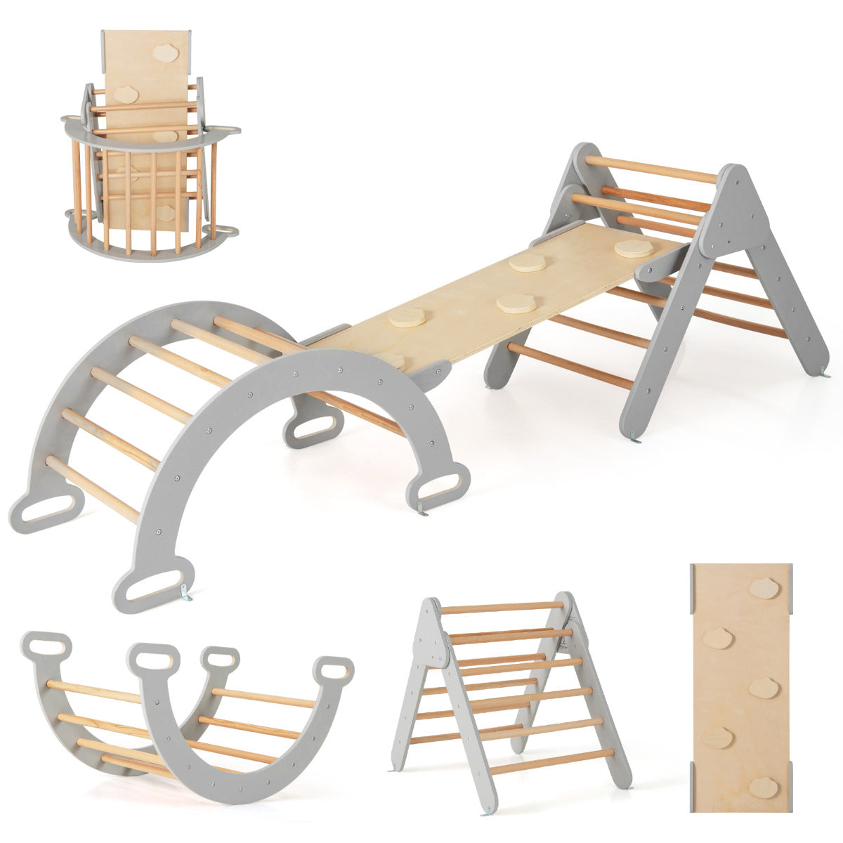 Conjunto de Escalada 3 em 1 para Crianças – madeira – cinzento – madeira de faia