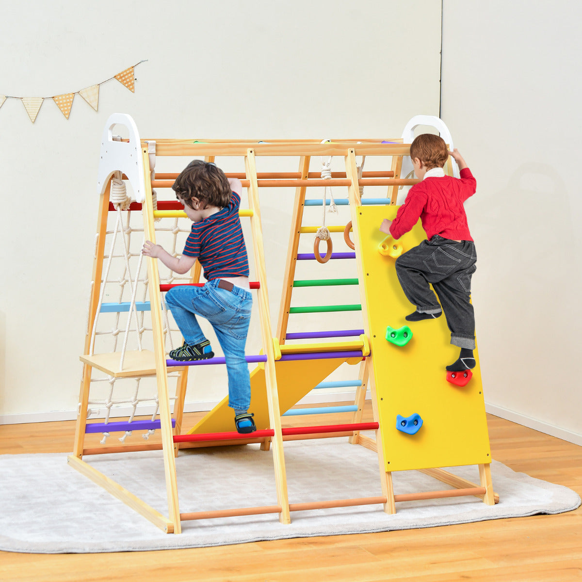 Parque Infantil de Madeira 8 em 1 com Escorrega, Baloiço, Escada de Corda e Escalada - Colorido