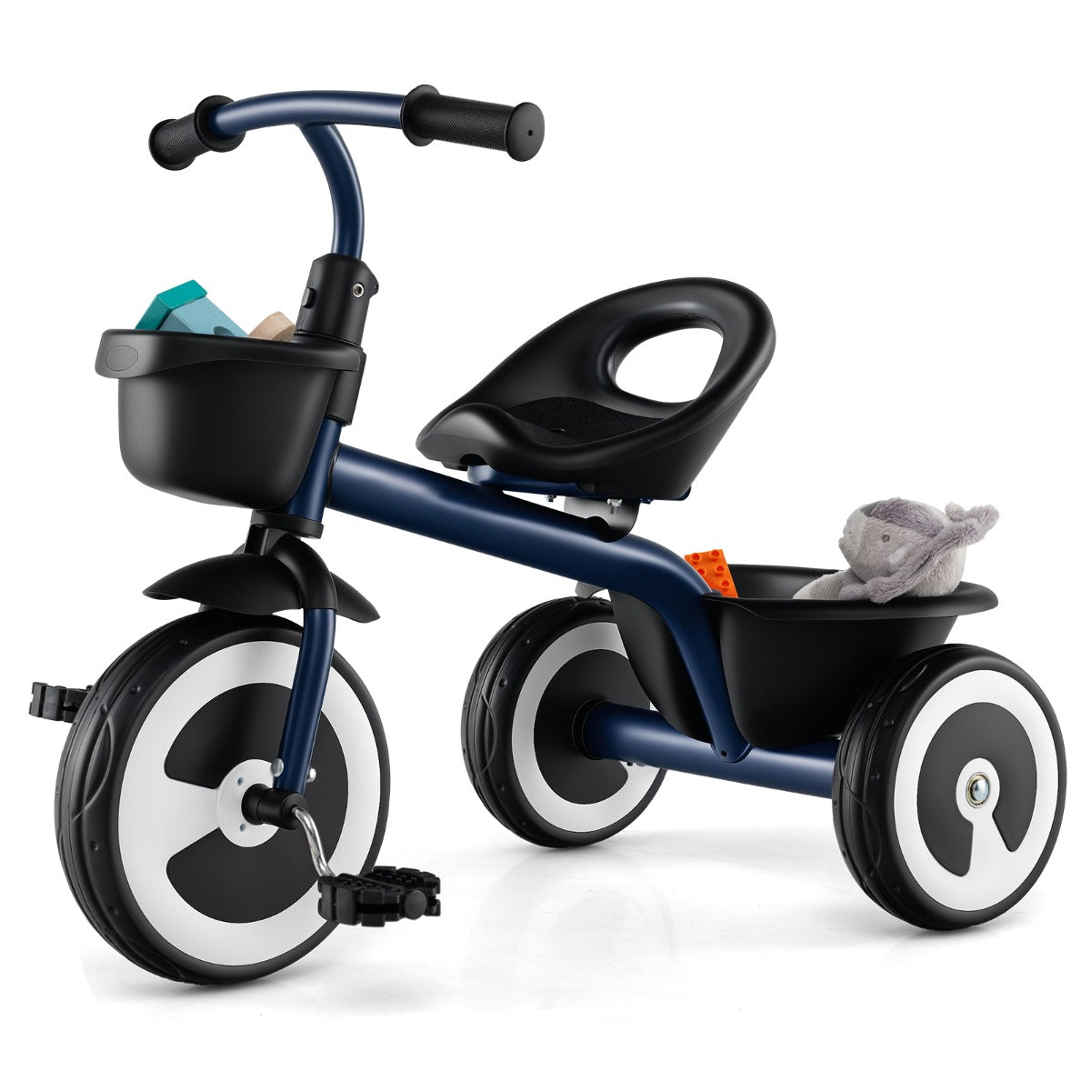 Triciclo Infantil de 3 Rodas com Assento Ajustável Cestos Dianteiros e Traseiros Estrutura em Ferro para 1,5 a 5 Anos - Azul