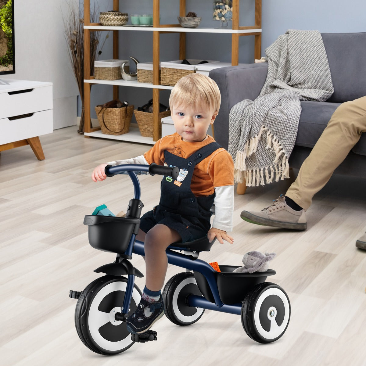 Triciclo Infantil de 3 Rodas com Assento Ajustável Cestos Dianteiros e Traseiros Estrutura em Ferro para 1,5 a 5 Anos - Azul