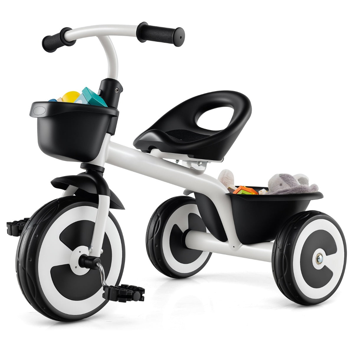 Triciclo Infantil de 3 Rodas com Assento Ajustável Cestas Frontais e Traseiras Estrutura de Ferro para 1,5 a 5 Anos - Branco