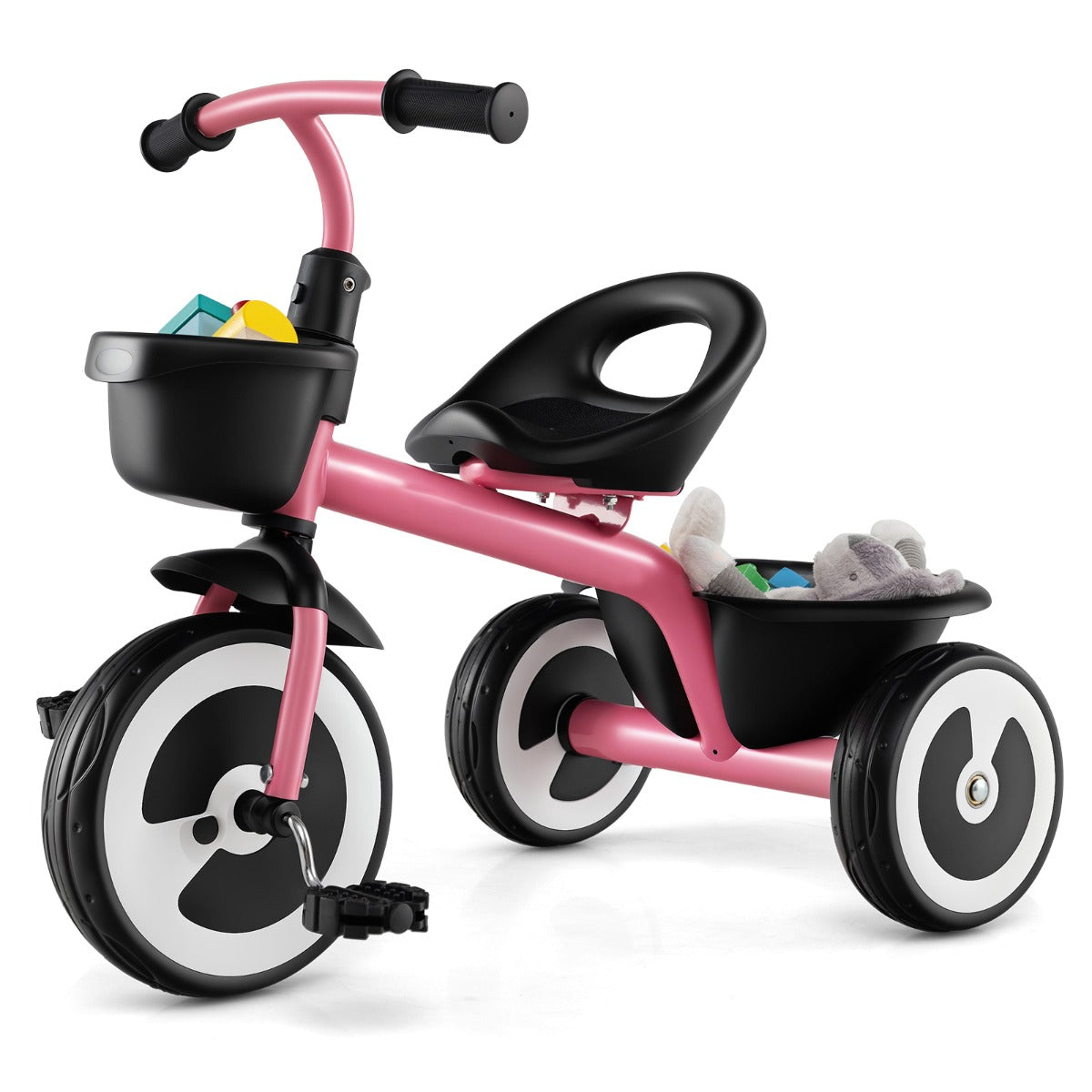 Triciclo Infantil de 3 Rodas com Assento Ajustável Cestos Dianteiros e Traseiros Estrutura de Ferro para Idades entre 1,5 e 5 Anos - Rosa