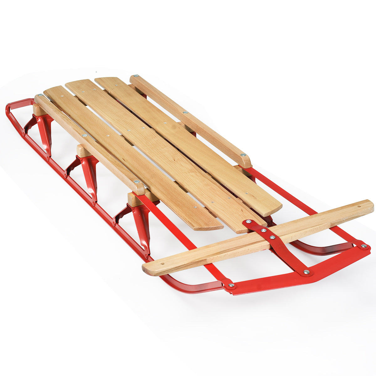 Trineo de Metal e Madeira com Patins e Barra de Direção - Para Deslizar na Neve - Adultos e Crianças 5+ Anos - Suporta 150kg