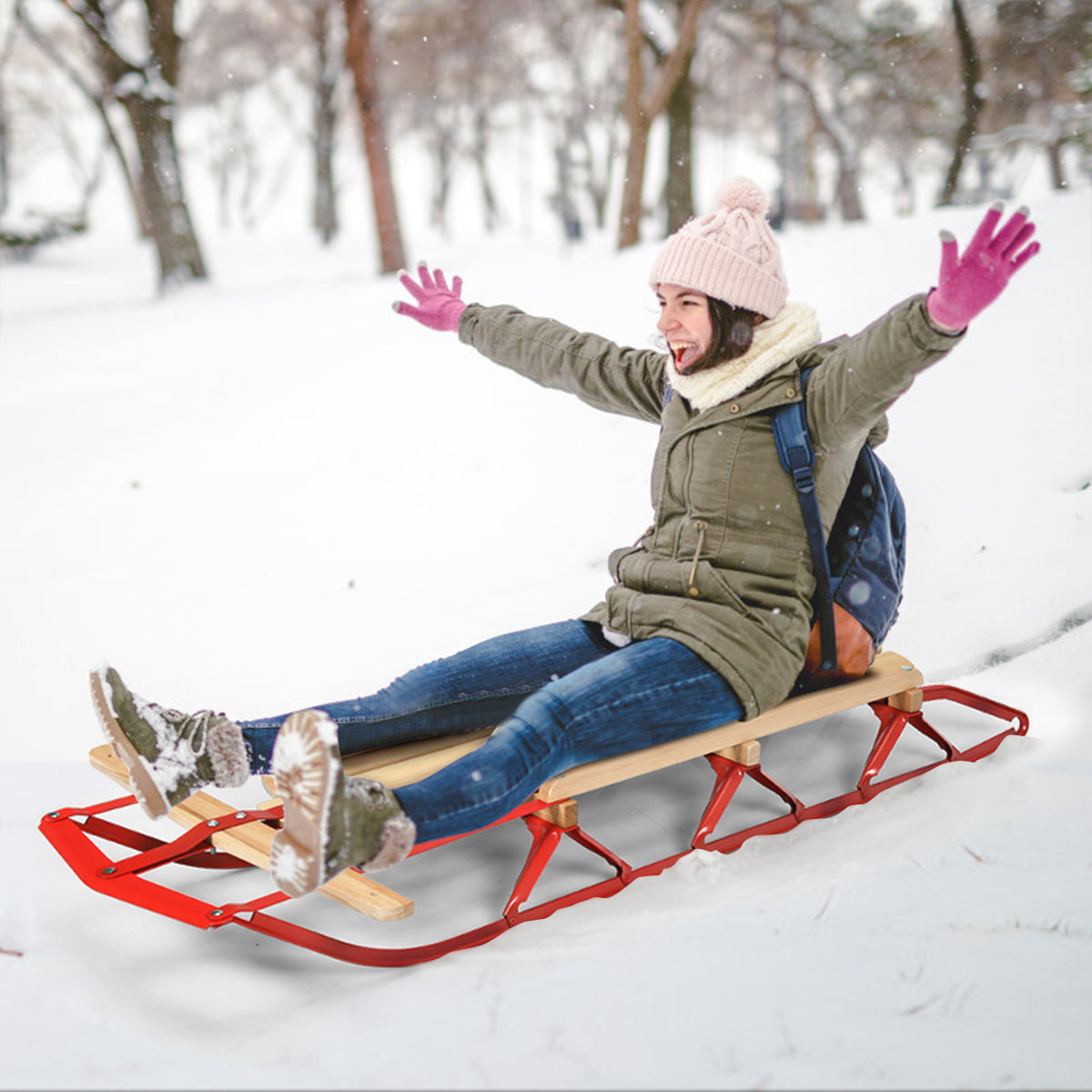Trineo de Metal e Madeira com Patins e Barra de Direção - Para Deslizar na Neve - Adultos e Crianças 5+ Anos - Suporta 150kg