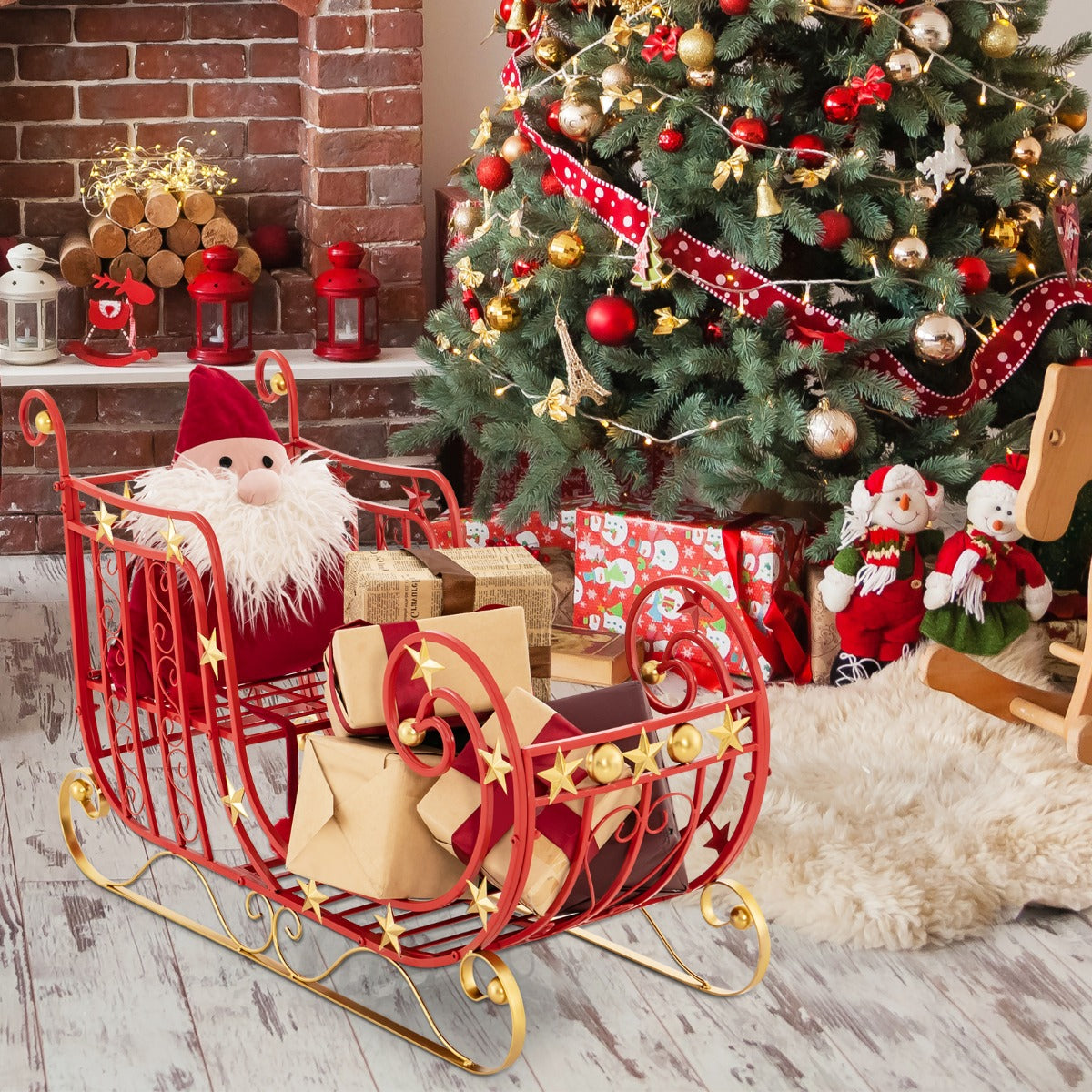 Trineo de Pai Natal de Metal para Presentes Decoração Festiva de Natal com Estrelas Douradas 99 x 36 x 61 cm Vermelho