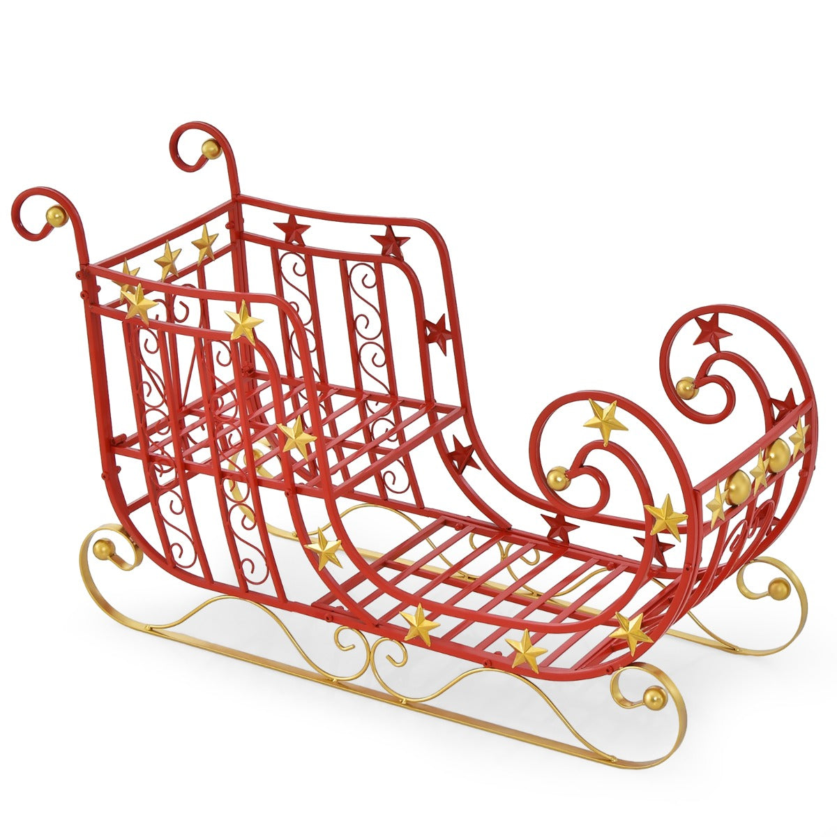 Trineo de Pai Natal de Metal para Presentes Decoração Festiva de Natal com Estrelas Douradas 99 x 36 x 61 cm Vermelho