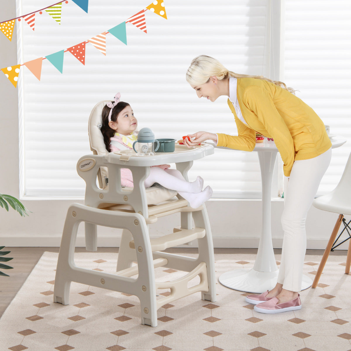 Trona Conversível 3 em 1 para Crianças 6-36 Meses com Mesa e Cadeira Bandeja Removível Bege 62 x 51 x 104 cm