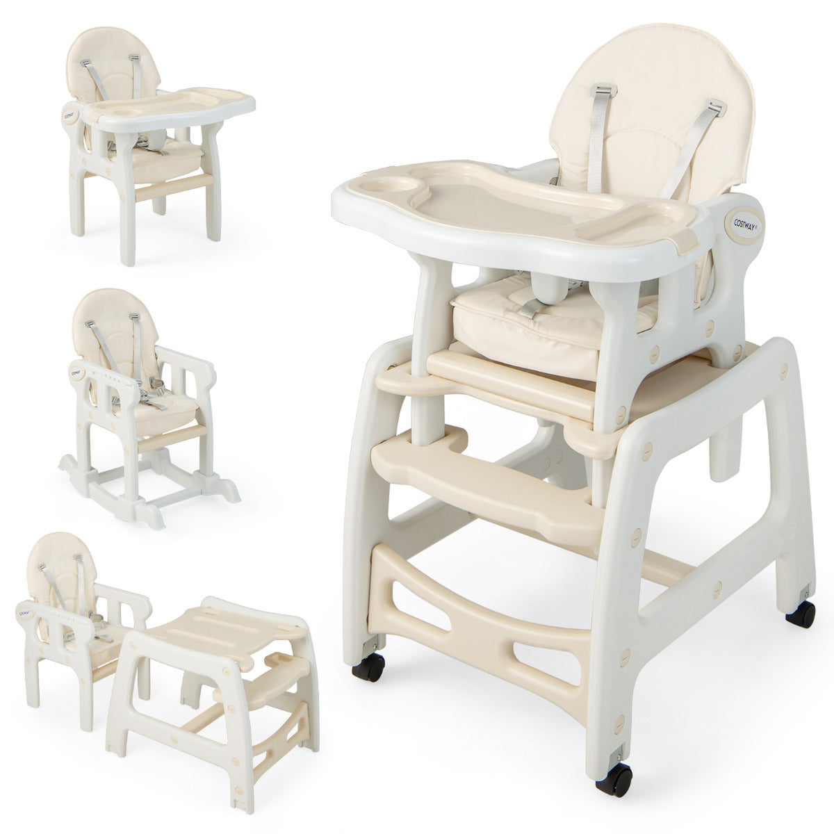 Trona Conversível 3 em 1 para Crianças 6-36 Meses com Mesa e Cadeira Bandeja Removível Bege 62 x 51 x 104 cm