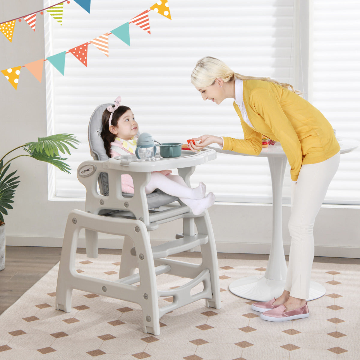 Trona 3 em 1 Conversível Mesa e Cadeira para Crianças 6-36 Meses com Tabuleiro Removível Almofada Encosto de 3 Níveis Arnês 62 x 51 x 104 cm Cinzento