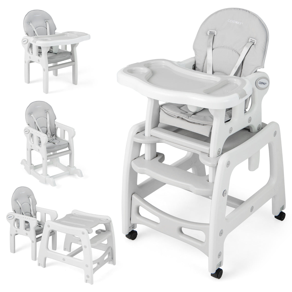 Trona 3 em 1 Conversível Mesa e Cadeira para Crianças 6-36 Meses com Tabuleiro Removível Almofada Encosto de 3 Níveis Arnês 62 x 51 x 104 cm Cinzento