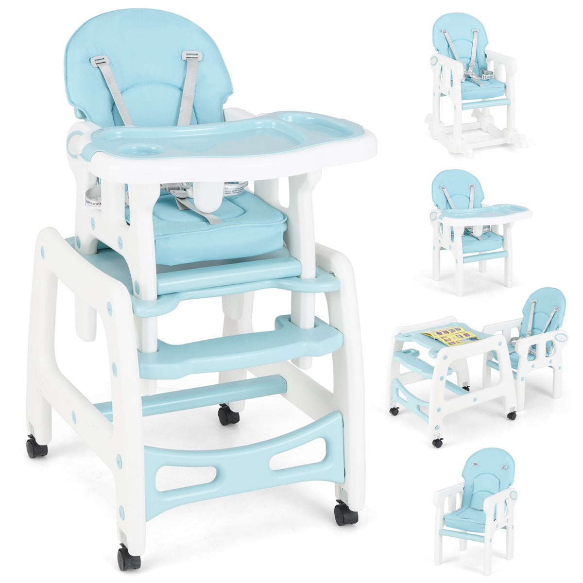 Trona Conversível 3 em 1 Mesa e Cadeira para Crianças 6-36 Meses com Bandeja Removível Almofada Encosto de 3 Níveis Arnês 62 x 51 x 104 cm Azul