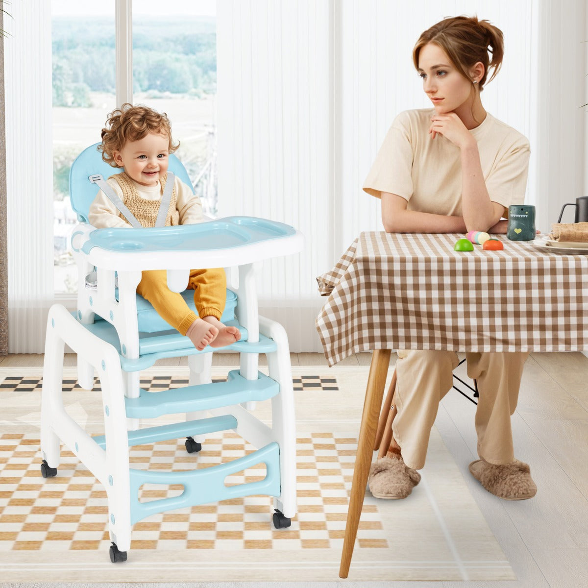 Trona Conversível 3 em 1 Mesa e Cadeira para Crianças 6-36 Meses com Bandeja Removível Almofada Encosto de 3 Níveis Arnês 62 x 51 x 104 cm Azul