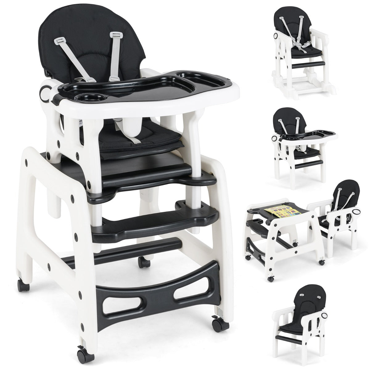 Trona 3 em 1 Conversível Mesa e Cadeira para Crianças 6-36 Meses com Bandeja Removível Almofada Encosto de 3 Níveis Arnês 62 x 51 x 104 cm Preto