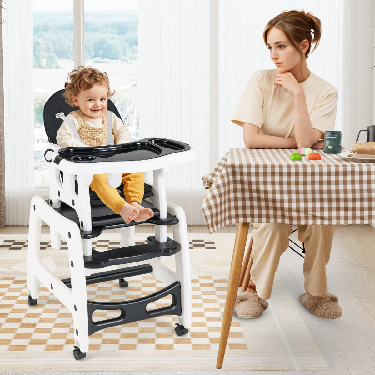Trona 3 em 1 Conversível Mesa e Cadeira para Crianças 6-36 Meses com Bandeja Removível Almofada Encosto de 3 Níveis Arnês 62 x 51 x 104 cm Preto