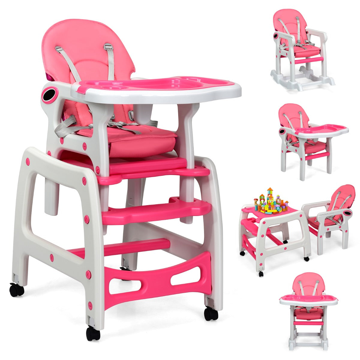 Trona Conversível 3 em 1 Mesa e Cadeira para Crianças 6-36 Meses com Bandeja Removível Almofada Encosto de 3 Níveis Arnês 62 x 51 x 104 cm Rosa
