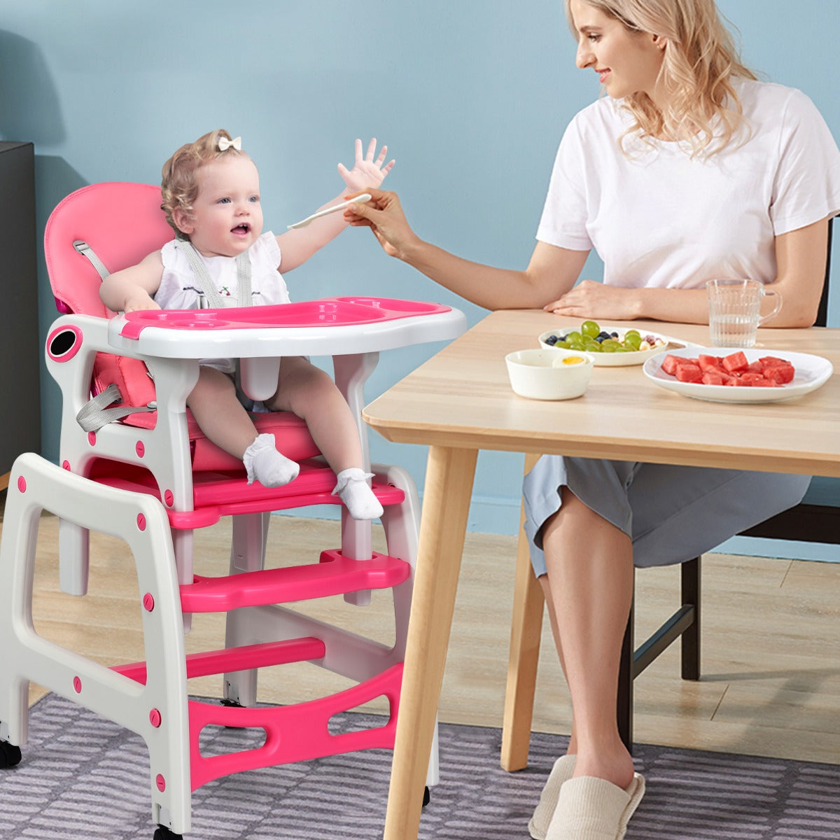 Trona Conversível 3 em 1 Mesa e Cadeira para Crianças 6-36 Meses com Bandeja Removível Almofada Encosto de 3 Níveis Arnês 62 x 51 x 104 cm Rosa