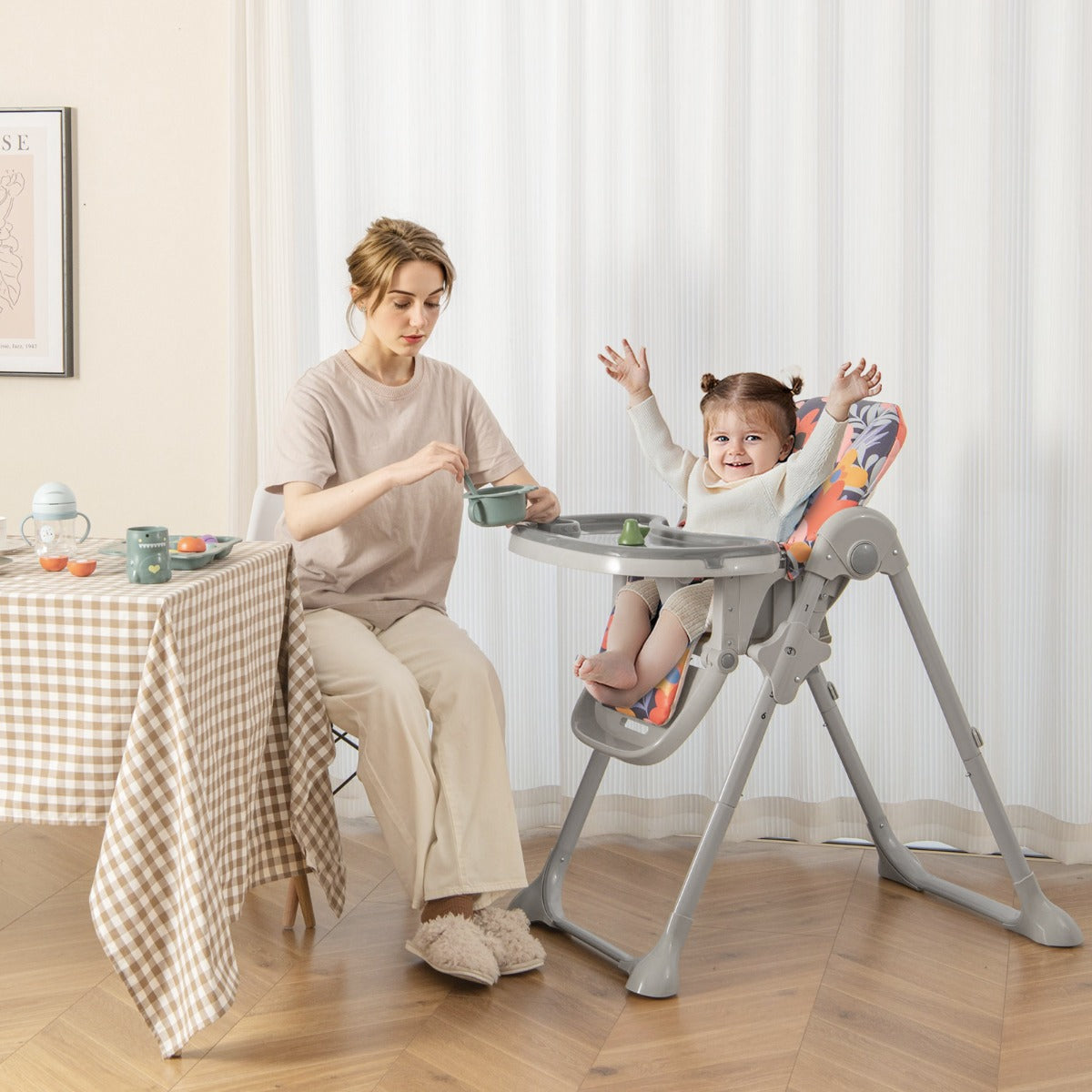 Trona Conversível para Bebés com Altura Regulável de 90-105 cm, Cadeira Portátil com Bandeja Removível Encosto Apoio para os Pés Multicolor