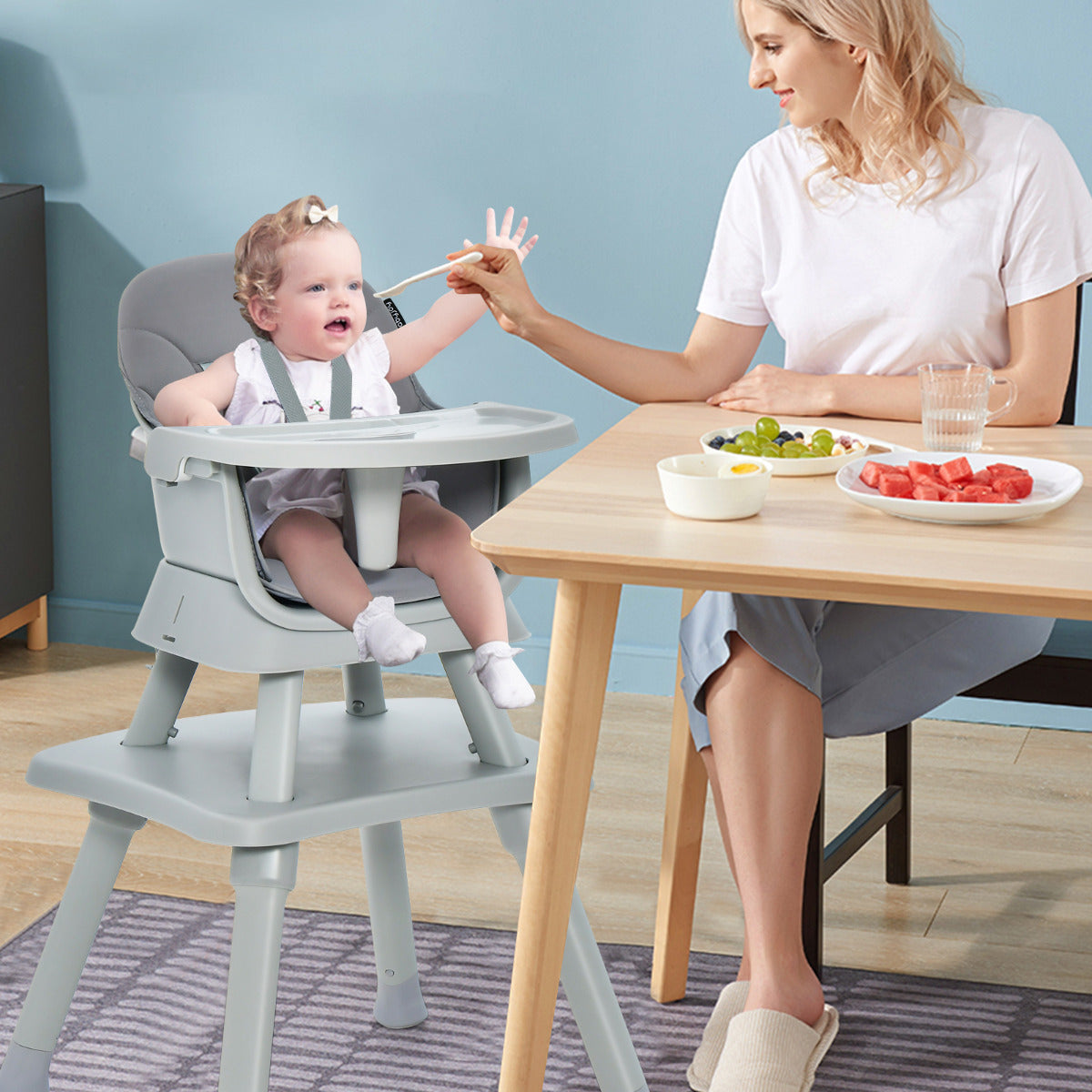 Trona Conversível 6 em 1 para Bebé com Mesa e Cadeira Cinza