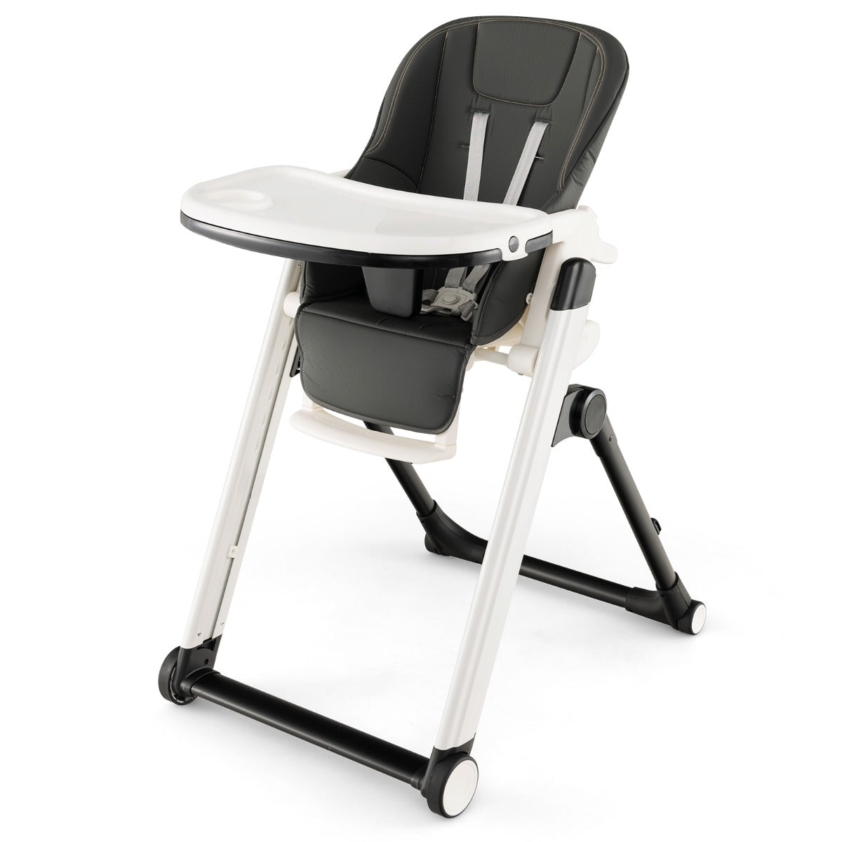 Trona Dobrável para Bebés para Dormir com Encosto Reclinável Trona com Arnês de 5 Pontos 2 Bandejas 57,5 x 75,5 x 81-104 cm Cinza Escuro