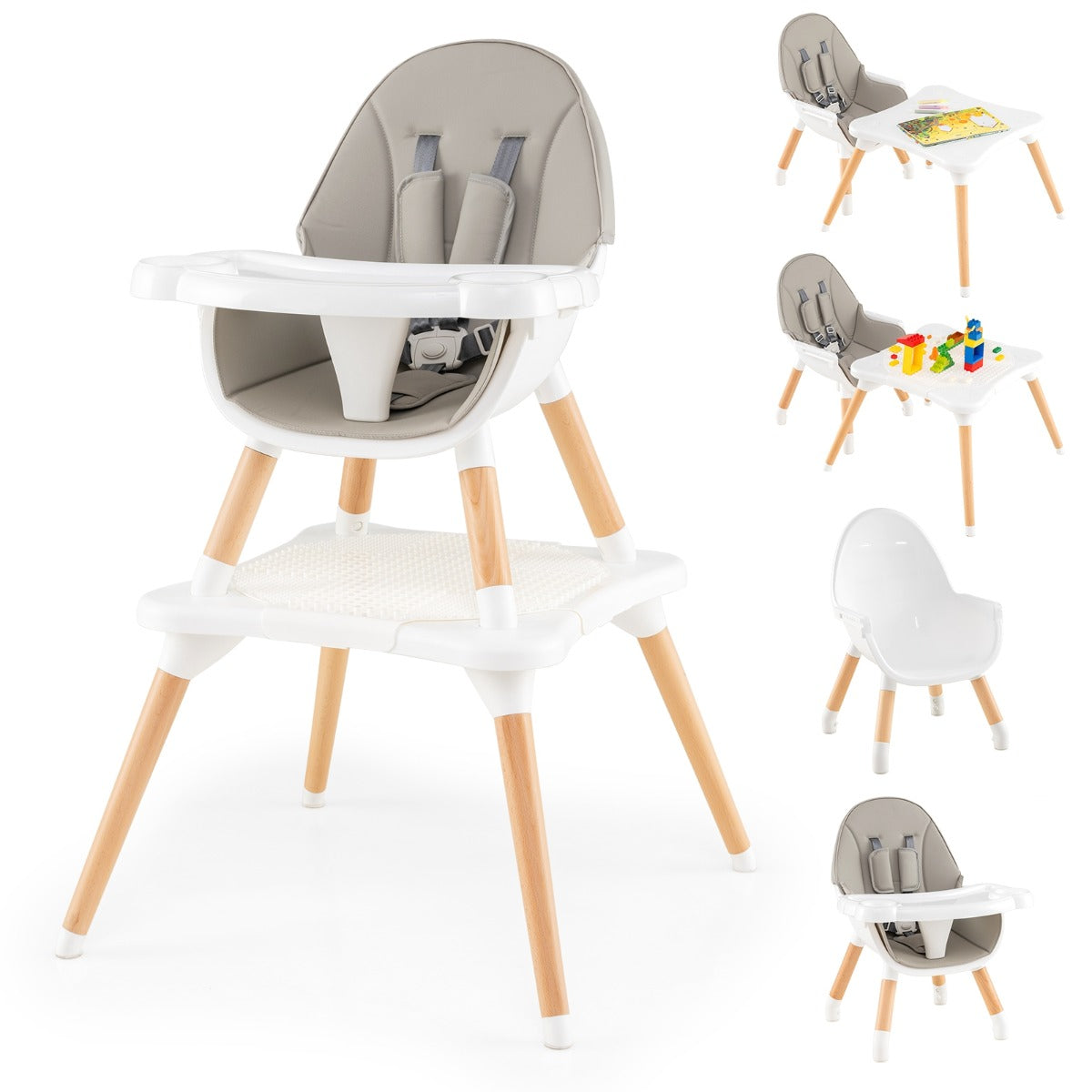 Trona Convertível 6 em 1 para Bebés e Crianças Pequenas - Cinzento e Branco